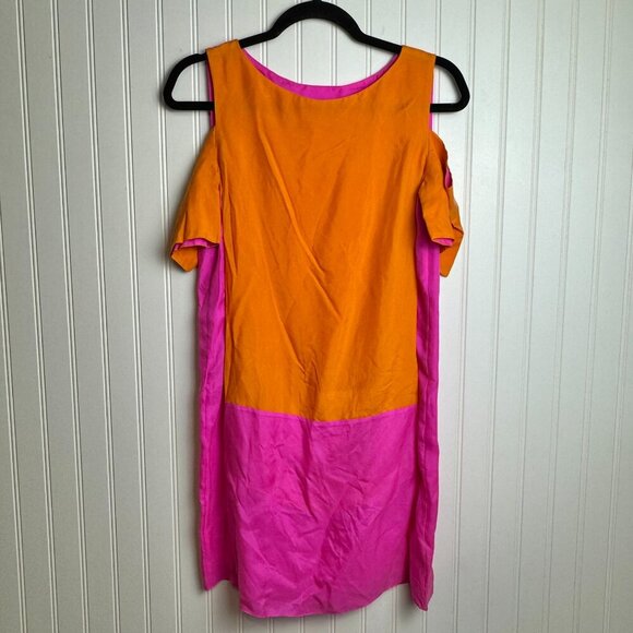 Tibi 100% silk orange pink color block cold shoulder shift dress size 2 N29 - Picture 1 of 5